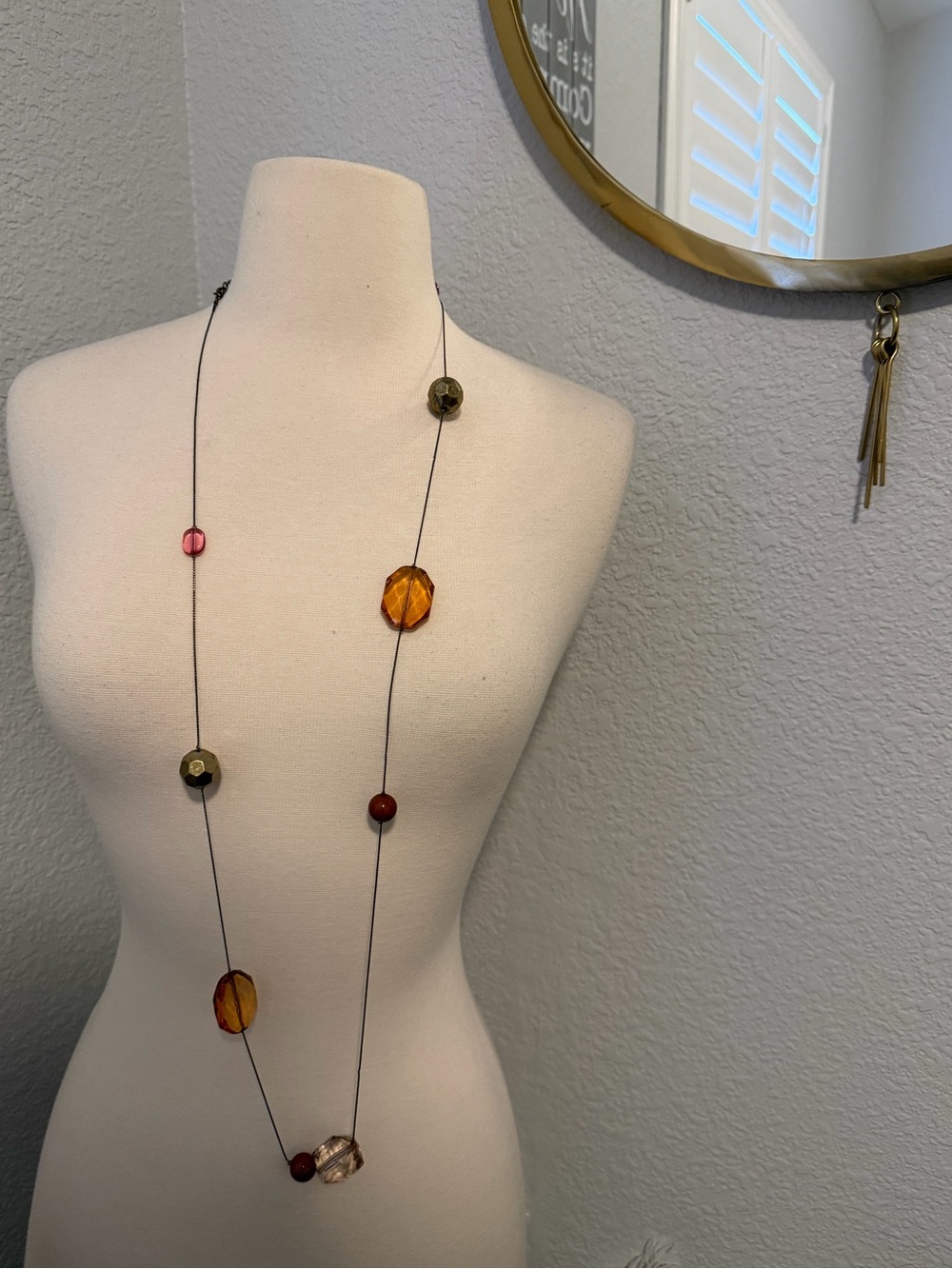 Long Multicolor Glass Bead Necklace - Amber and Red